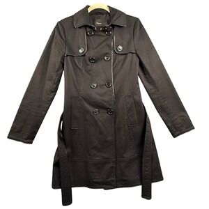 Double Breasted Trench Coat XS Black Belted Piped Trim Cyberpunk 90s Goth Spike